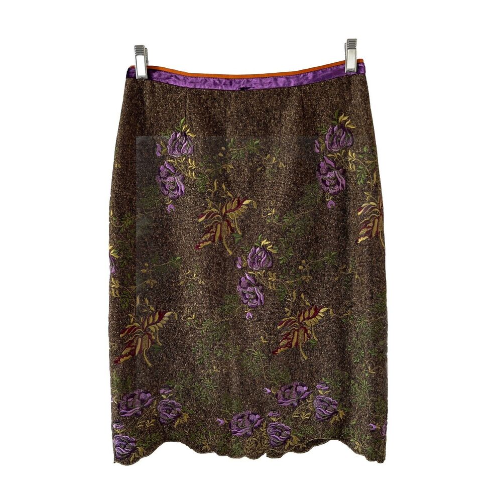 Etcetera Womens Wool Blend Scallop Hem Skirt Size 4 Embroidered Pencil